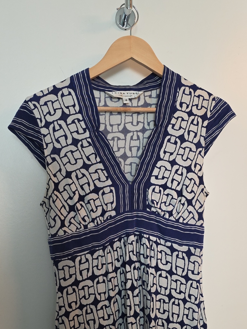Trina Turk Silk Navy and White Geometric V-Neck Midi Dress with Cap Sleeves